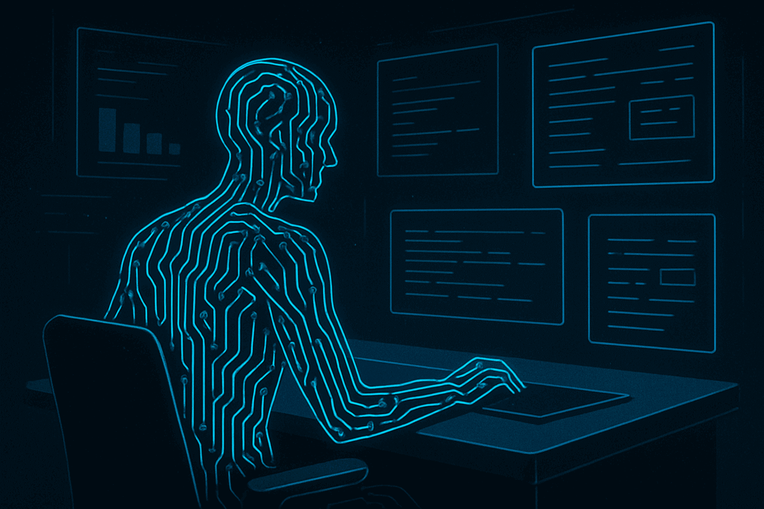 AI agent illustration showing digital brain with circuit patterns connected to various business applications and data streams